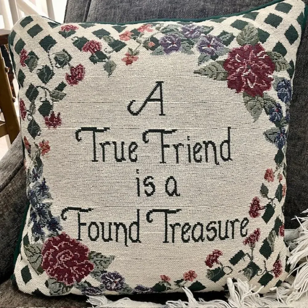 Vintage Style Tapestry Throw Pillow 17in Friendship Cottagecore Farmhouse Gift